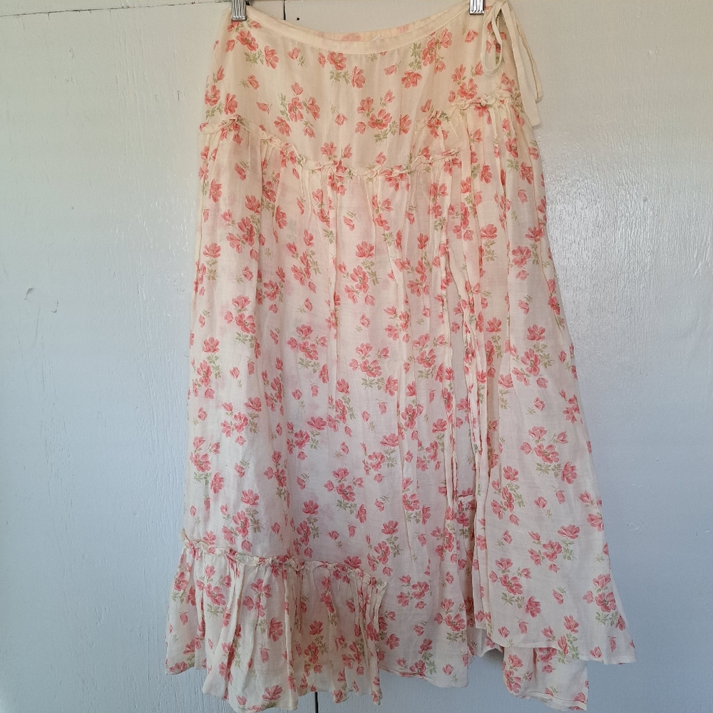 DKNY Pure Floral Cream & Peach Cotton Layered Midi Skirt SZ 2